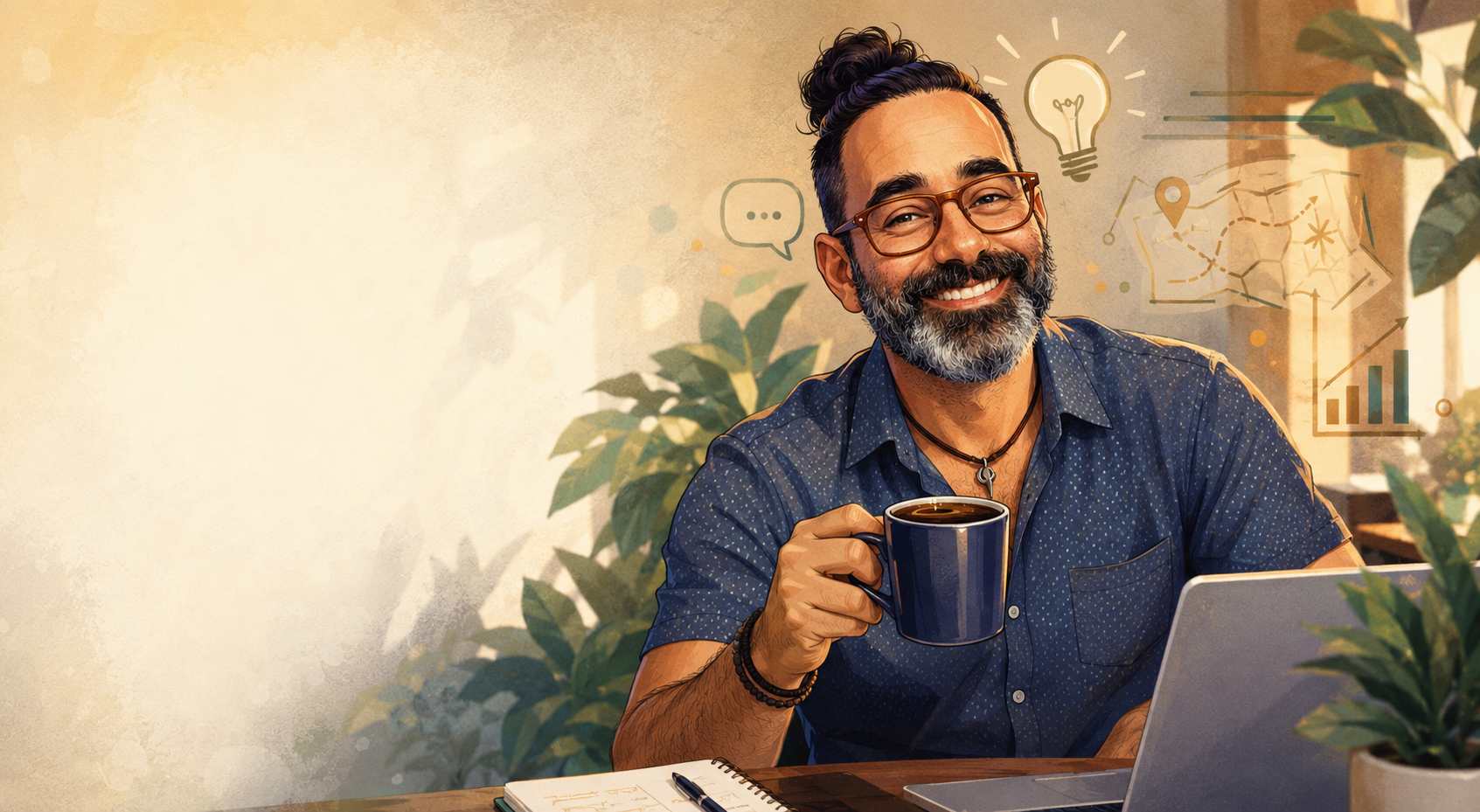 Ilustración cálida de Daniel Ureña con café y laptop en un ambiente de coaching y reflexión.